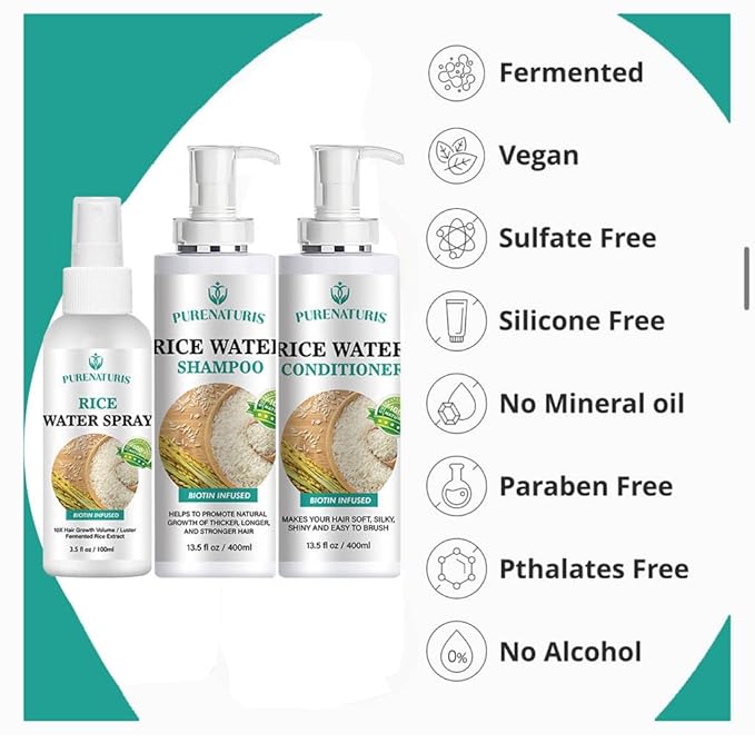 PureNaturis Rosemary Rice Water Shampoo Conditioner & leave-in Spray for Hair Growth Repair System Kit, w/Rosemary, Biotin, Caffeine, Sulfate Free Routine Shampoo for Women Men Hair Loss Thickening