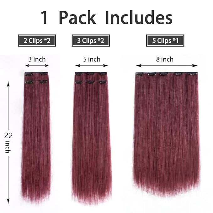 Burgundy Clip in Extension Straight 22" Long Synthetic Thick Clips on Hair Piece for Women 5PCS Black Curly Wavy 18" Cheap Brown Red White Soft Natural Full Head Weddings Party Daily Use 5 Oz
