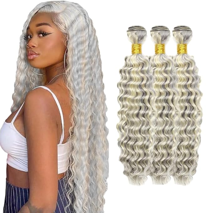 30 32 34 Inch Blonde Bundles Human Hair P613/grey Deep Wave 3 Bundle Unprocessed Brazilian virgin hair Weave Extensions Double Weft 50 Grams/Bundle Colored Highlight Grey Bundles for Woman