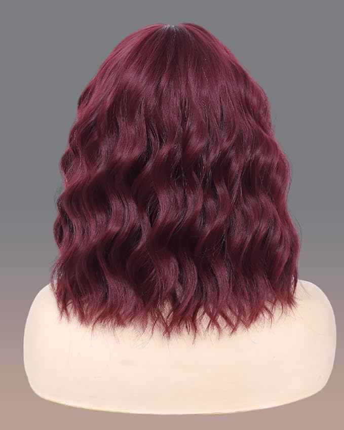 WAVE&BREEZE Red Wig with Bangs Short Curly Bob Wine Red Wigs for Women 14 Inch Shoulder Length Natural Looking Hair Replacement Wigs for Cosplay Party Use