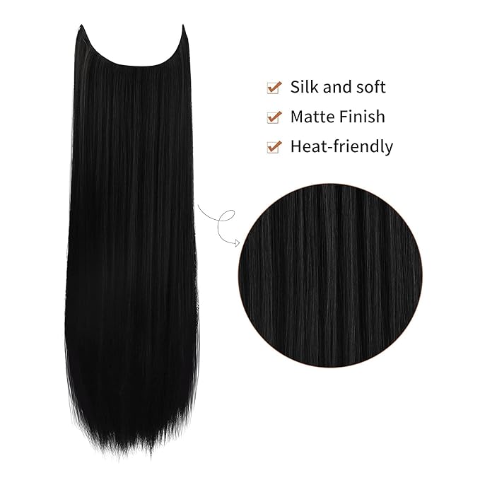 REECHO Invisible Wire Hair Extensions with Transparent Headband Adjustable Size Removable Secure Clips in Straight Secret Hairpiece for Women (20 Inch (Pack of 1), Natural Black)