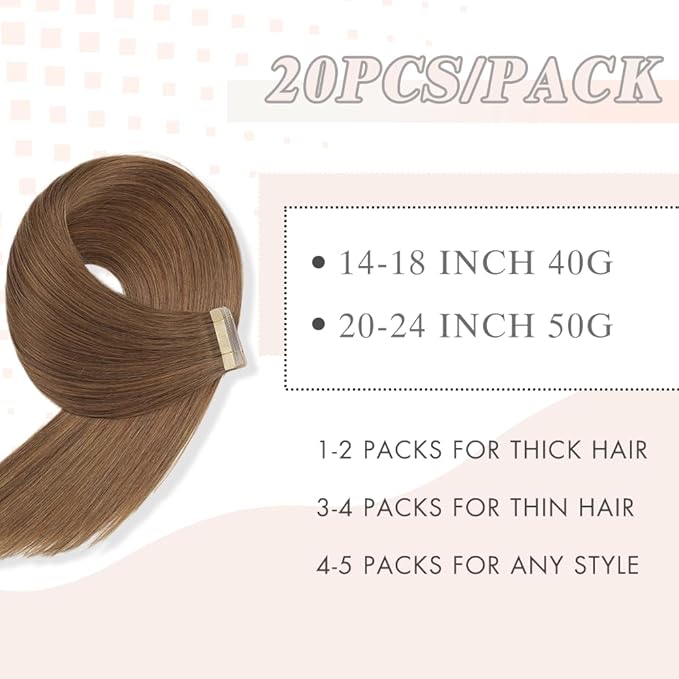 Tape in Hair Extensions Real Human Hair 24 Inch Medium Brown Double Sided Tape for Skin Weft Hair Extension Invisible Tape in Hair Extensions Straight Remy Human Hair for Women 20pcs (10#,24 Inch)