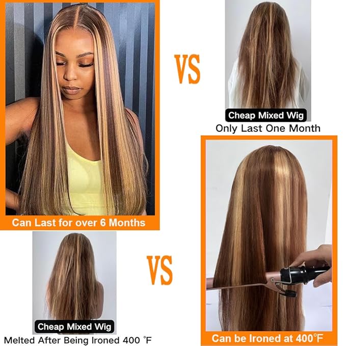 Tuneful 30 Inch Ombre Lace Front Wig Human Hair Highlight 4/27 Honey Blonde Colored Wigs 180% Density 13X6 Straight Lace Frontal Wig for Women