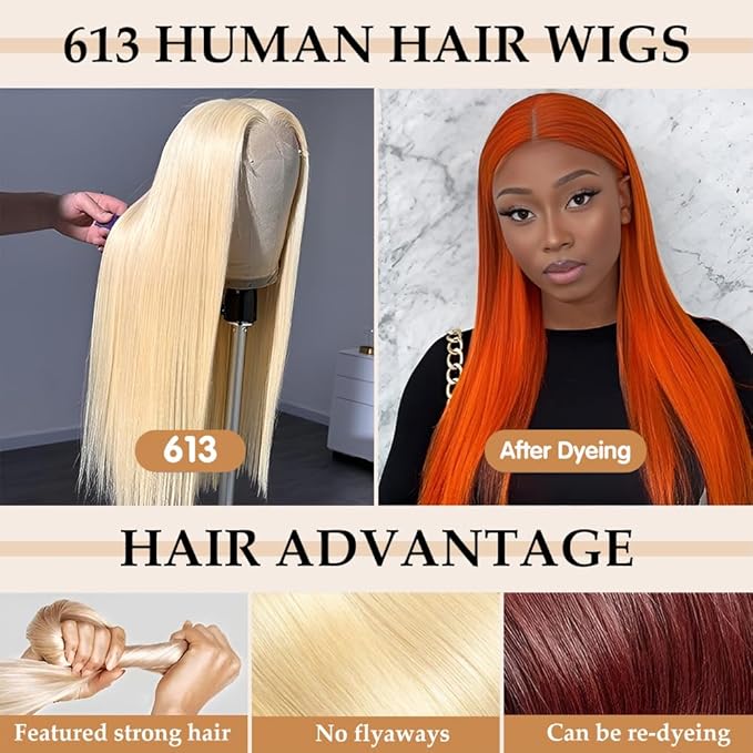 13x6 613 Lace Front Wig Human Hair 24 Inch 180 Density Blonde Wig Human Hair 613 HD Lace Frontal Wig 13x6 Blonde Straight Lace Front Wigs Human Hair Pre Plucked Glueless Wigs for Women