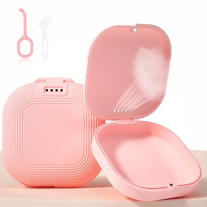 Retainer Case Compatible with Invisalign - Slim Mouth Guard Case with Remover Tool and Brush, Pink