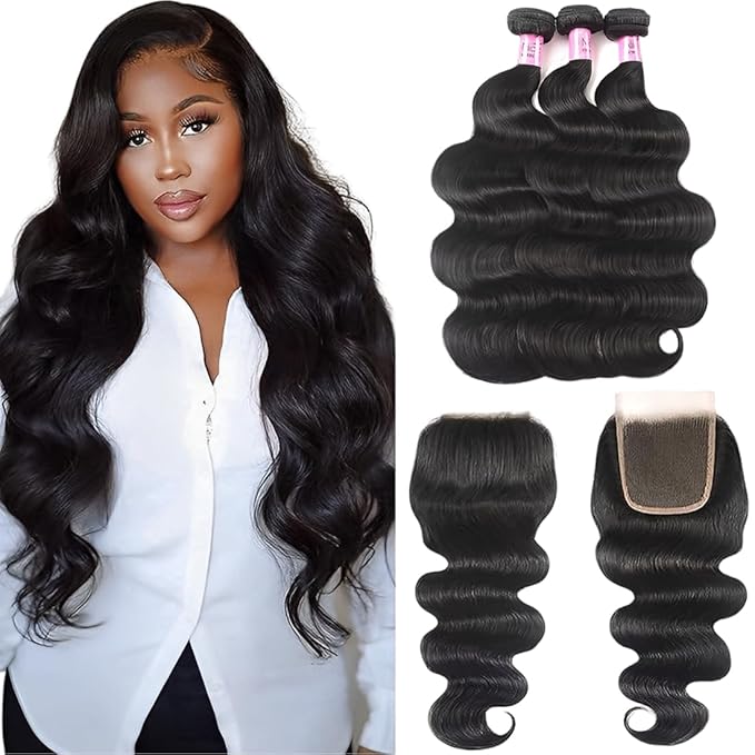 UNice Hair Icenu Series Brazilian Body Wave 3 Bundles with Free Part Lace Closure, Unprocessed Virgin Human Hair Wefts Extensions Natural Black Color (16 18 20+14Closure)