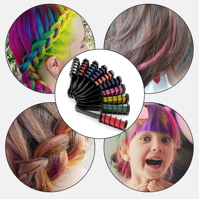 Festive Fun Hair Chalk Combs, 12 Colors Instant Washable Hair Color Comb for Girls Women, Temporary Hair Color Dye for Hair DIY Party Christmas Birthday Gifts (8 colors)