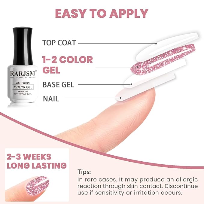 RARJSM Reflective Glitter Gel Nail Polish Nude Jelly Purple Pink Sheer Gel Polish Flash Diamond Sparkle Rainbow Silver Shimmer Soak off Curing Requires 15ml Single Bottle for Home Salon Manicure