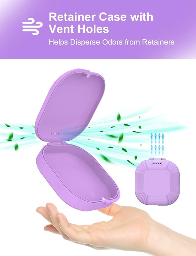 Slim Retainer Case With Vent Holes, Compatible With Invisalign, Mouth Guard, Removal Tool and Brush, Purple