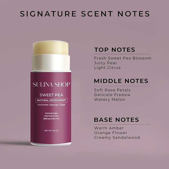 Sweet Pea Natural Deodorant for Women – Plant-Based, Aluminum-Free, Baking Soda-Free, 24-Hour Odor Protection & Moisture Absorbing – All-Body Use