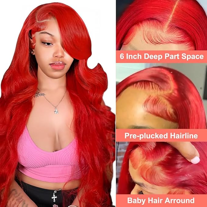 Red 13x6 Lace Front Wigs Human Hair Pre Plucked Body Wave Human Hair Wig Hot Red Lace Frontal Wigs For Black Women 180% Density 28 Inch