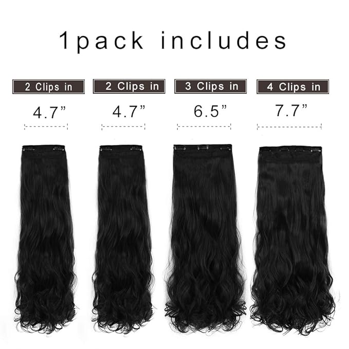 REECHO 24" Curly Wavy 4 Pieces Set Clip in Hair Extensions Natural Black