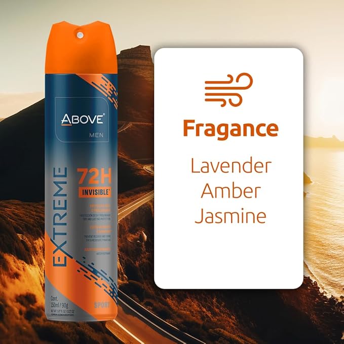 ABOVE Extreme Men Sport - 72H Antiperspirant Spray Deodorant for Men 5.07 Fl Oz | Aluminum-Free | Fresh Mist, No Stain, No Alcohol, Long-Lasting Men's Deodorant Spray | Lavender, Amber, & Jasmine