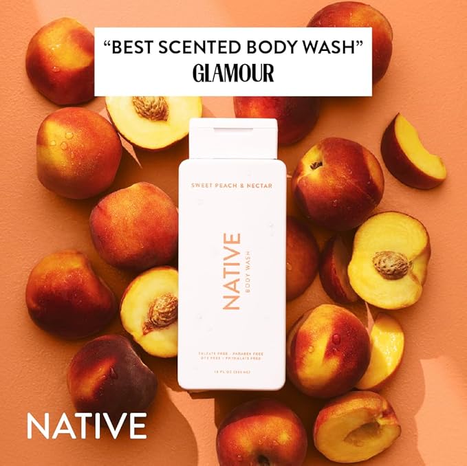 Native Body Wash Contains Naturally Derived Ingredients | For Women & Men, Sulfate, Paraben, & Dye Free Leaving Skin Soft and Hydrating | Sweet Peach & Nectar 18 oz