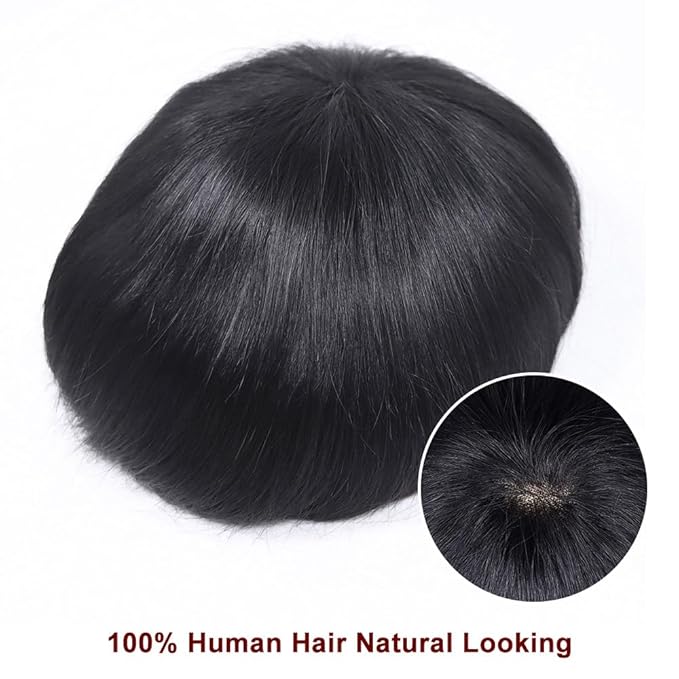 6x8 7x9 Hair Men’s Toupee Mono Lace PU Hairpiece Replacement Capillary Prosthesis System 100% Human Hair Breathable Durable Males Wig Natural Black (Black, 6x9)