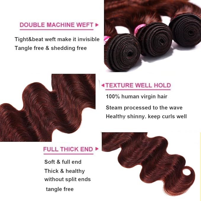 UNICE Reddish Brown Body Wave Human Hair 3 Bundles with 4x4 lace closure Free Part Brazilian Remy Hair Copper Red Wavy Bundles and Closure Colored Human Hair Extensions 22 24 26+20 inch Closure