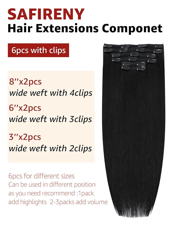 Clip in Hair Extensions Real Human Hair, 16 Inch 100g, #1 Jet Black, Natural Straight Clip On Hair Extensions 6pcs Per Set With 18 Clips Double Drawn(#1,16'')