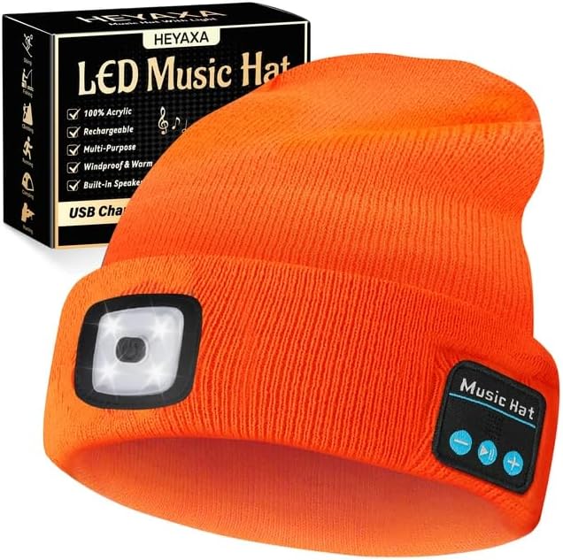 Bluetooth Beanie Hat, USB Rechargeable 4 LED Wireless Music Running Headlamp Cap, Gifts for Christmas, Stocking Stuffer & White Elephant Gifts for Men, Women, Him, Her