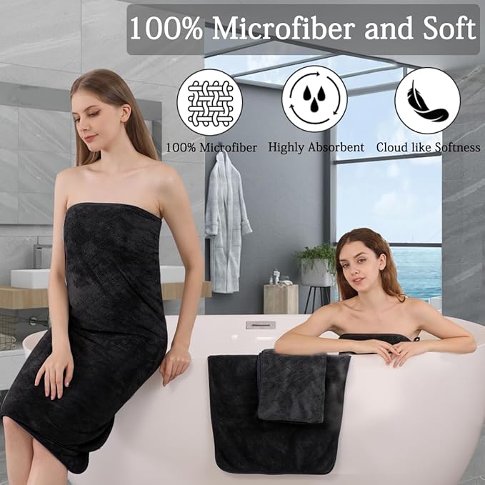 Ycosy Black Bath Towels Set 35x70 Inches - Luxury 600 GSM Oversized Bath Sheet Towel,Extra Large Microfiber - Quick Dry,Highly Absorbent,Super Soft Shower Towels Spa Hotel Bathroom Towel Set (4-Pack)