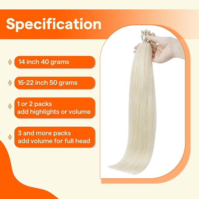 Full Shine U Tip Hair Extensions Human Hair 22 Inch Color 1000 Light Blonde 50 Grams Ktip Human Hair Extensions Long Straight Remy Hair for Women add Length