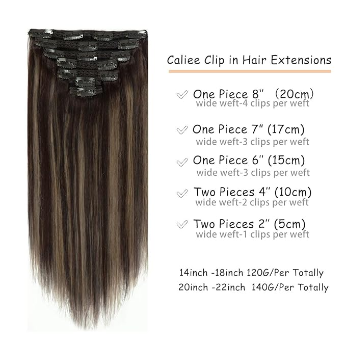 Caliee Clip in Hair Extensions Dark Brown #2 and Chestnut Brown #6 with Dark Brown #2 Roots Thick Remy Human Natural hair 140g Lace Clip in hair 22inch