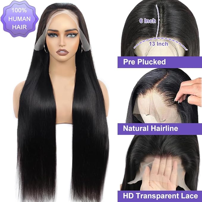 ALI PANDA [100% Human Hair & 2-YEAR Life, 200% Density 13x6 Skinlike HD Straight Lace Front Wigs Human Hair Pre Plucked, [0.1mm Ultra-Thin HD Lace], Natural Black 32 Inch