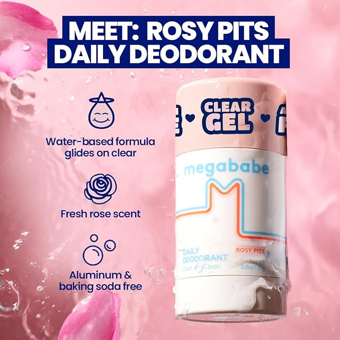 Megababe Daily Deodorant - Rosy Pits with 72 hour Odor Protection | Holiday Gifts for Women | Aluminum-Free, Clear & Clean | Fresh rose scent | 2.6 oz