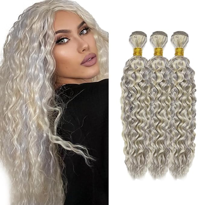12 14 16 Inch Blonde Bundles Human Hair P613/grey Water Wave 3 Bundle Unprocessed Brazilian virgin hair Weave Extensions Double Weft 50 Grams/Bundle Colored Highlight Grey Bundles for Woman