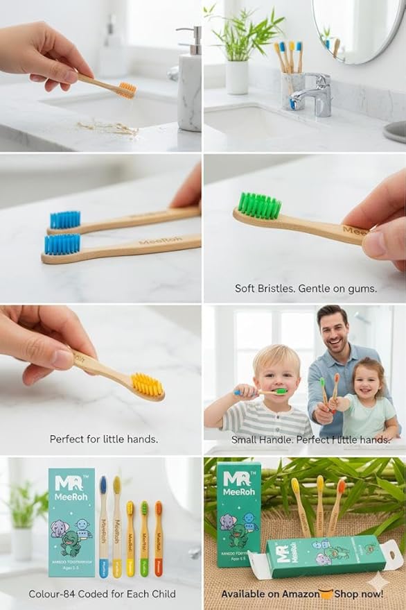 MeeRoh Bamboo Toothbrush for Kids – Eco-Friendly, Soft Bristles, 4-Pack