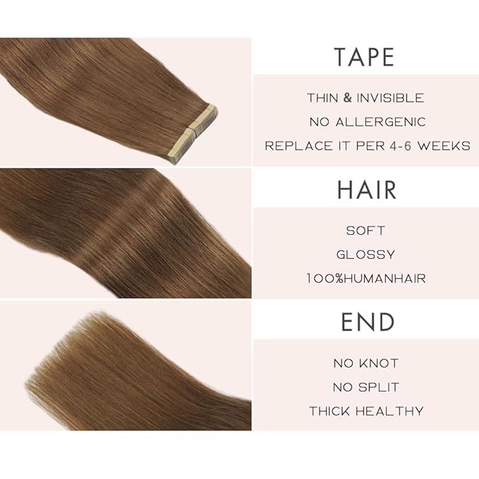 Tape in Hair Extensions Human Hair, 20pcs 16 Inch Medium Brown Remy Hair Extensions Straight Human Hair Tape in Extensions Skin Weft Tape Extensions Human Hair (10#,16 Inch)