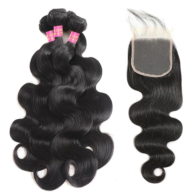 Bundles Human Hair with Closure (22 24 26 28+20 Inch) 12A Body Wave 4 Bundles with 5x5 Closure 100% Unprocessed Brazilian Virgin Quick Weave Bundles Human Hair Natural Black