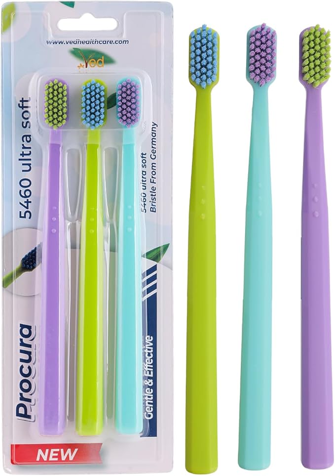 Ved ProCura Ultra Soft Toothbrush – Gentle Manual Toothbrush for Adults with 5,460 Super Soft Bristles for Sensitive Teeth and Gums (Purple+Cyan+Green)