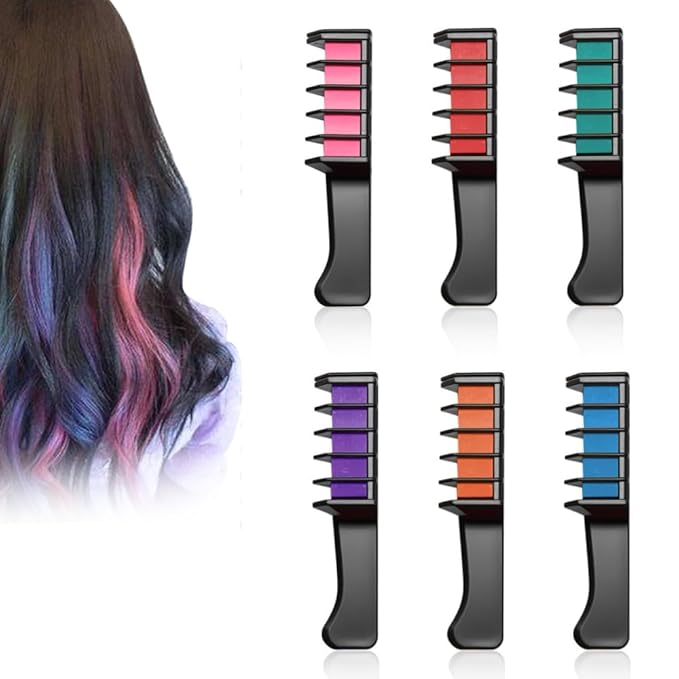 Festive Fun Hair Chalk Combs, 12 Colors Instant Washable Hair Color Comb for Girls Women, Temporary Hair Color Dye for Hair DIY Party Christmas Birthday Gifts (6 colors)
