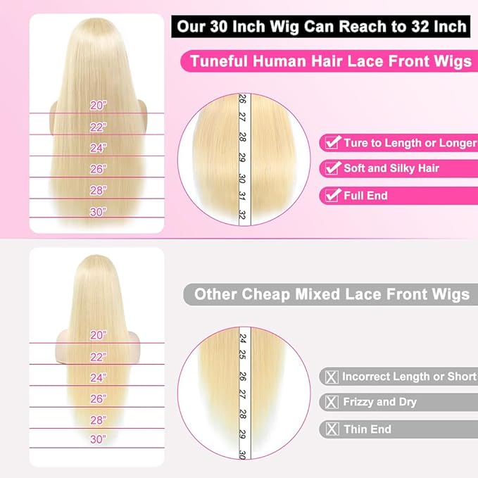 Tuneful 613 13x6 Lace Front Wig Human Hair 28 Inch Straight Blonde Lace Front Wigs Human Hair 220% Density Pre Plucked 613 HD Lace Frontal Wig with Baby Hair