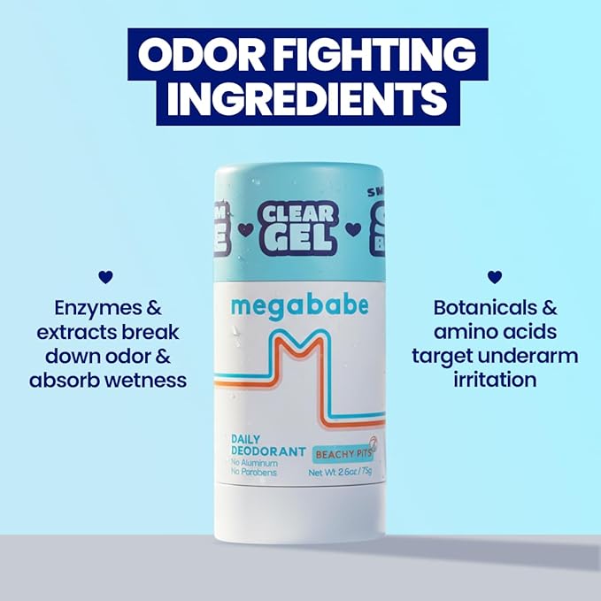 Megababe Daily Deodorant - Beachy Pits | Aluminum-Free, Clear & Clean | 2.6 oz - 2 Pack