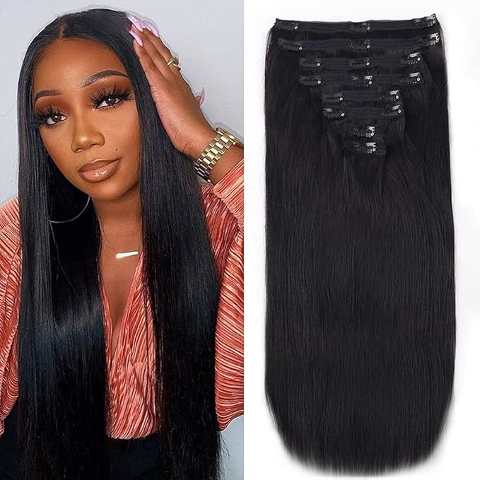 Straight Clip in Hair Extensions Real Human Hair 8Pcs Remy Human hair Clip ins for Women, Natural Soft Human Hair 120g 14inch #1B Natural Black