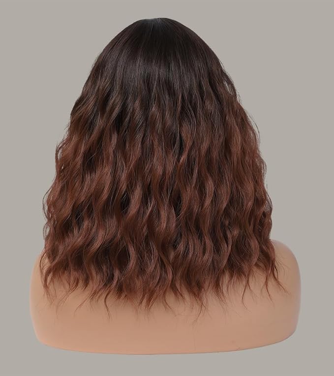 WAVE&BREEZE Short Auburn Wigs with Bangs 14Inch Ombre Auburn Curly Bob Wig for Women Shoulder Length Natural Looking Hair Replacement Wig for Daily Party Use Cosplay Costume Halloween Wig