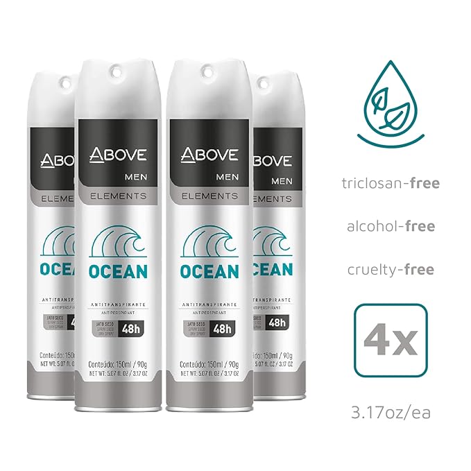ABOVE Ocean - 48 Hours Element Antiperspirant Deodorant Set for Men - Dry Spray Protects Against Sweat and Body Odor - Leaves No White Marks - Delicate Scent - Alcohol Free - 4 pc