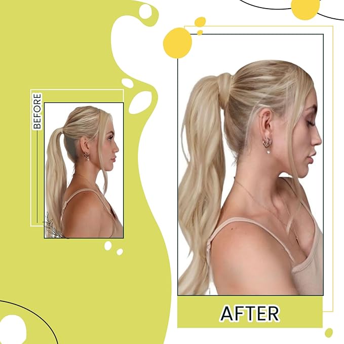 RUNATURE Ponytail Extension Human Hair, Blonde Human Hair Ponytail, Real Hair Ponytail Extension with Magic Paste, Natural Looking for Daily Wearing, 16 Inch 80g #18P613 Ash Blonde Highlight