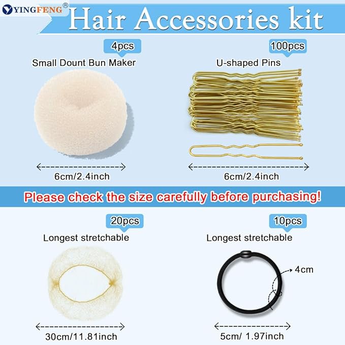 YINGFENG 134 Pcs Beige Hair Bun Maker Kit for Kids Small - 4 Hair Donuts for Buns, 20 Hair Nets for Buns, 100 U Shaped Bobby Pins, 10 Hair Bands, for Girls, Ballet Dance, Hair Accessories for Women