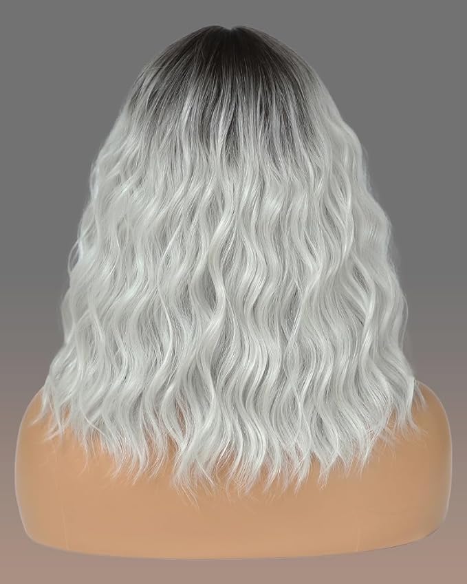 WAVE&BREEZE Short Gray Wigs for Women Sliver Grey Wig with Bangs Dark Roots Ombre Curly Bob Wig Shoulder Length Natural Looking Hair Replacement Wigs for Daily Party Use Cosplay Costume Halloween Wig
