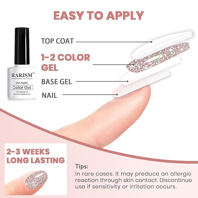 RARJSM Reflective Glitter Gel Polish Rose Gold Disco Shimmer Sparkling Glitter Iridescent Sparkly Shiny Gel Polish Holographic Gelpolish Soak off U V/L E D Nail Art Varnish for Salon DIY at Home