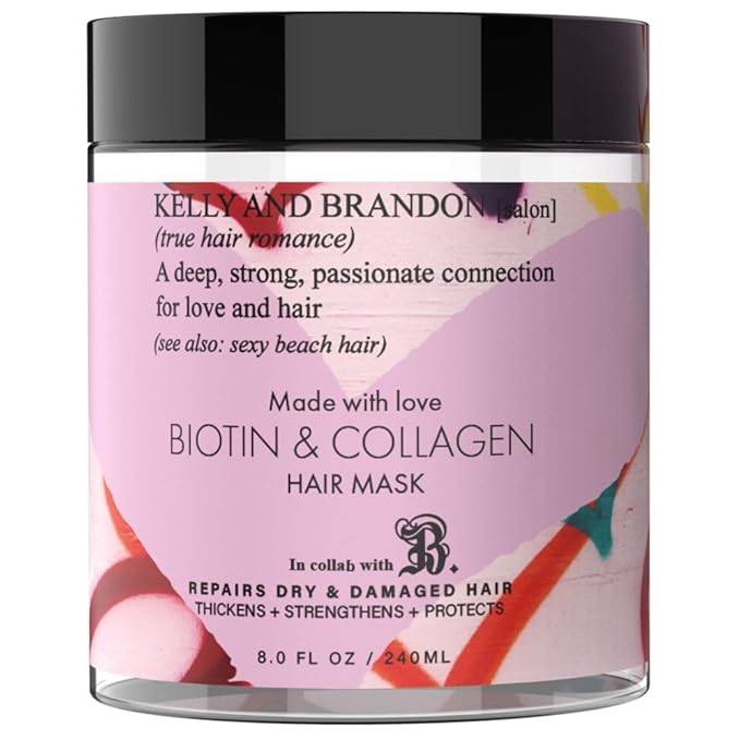 Kelly And Brandon Biotin and Hydrolyzed Collagen Hair Mask for Dry & Damaged Hair, Aloe Vera, Avocado Oil, Vitamin E Oil 8oz