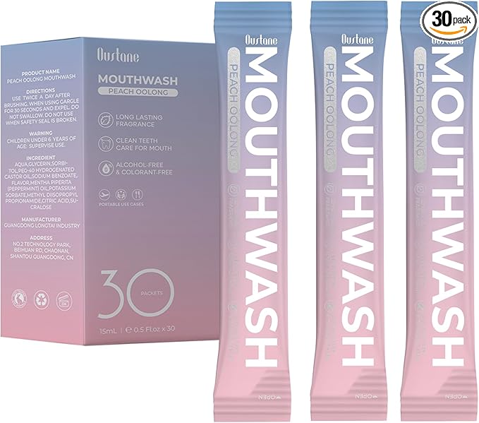 Protable Mouthwash Packets for Travel, Peach Oolong-Tea Flavor, Alcohol-Free, Non-Burning, 15ml/pcs 30 Single Use, TSA Approved for On-The-Go Fresh Breath, Perfect for Work, Gym& Date