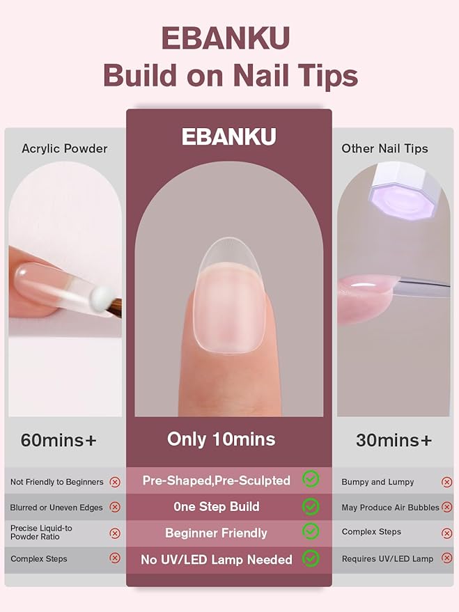 EBANKU Build on Apex Natural Nail Tips, 16 Sizes 480 PCS Short Almond Clear Acrylic Full Cover Press on Nail Tips with Builder Glue, Pre-applied Tip Primer & Base Coat