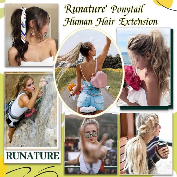 RUNATURE Hair Ponytail Extension Blonde Straight Human Hair Ponytail Extension 16 Inch Dark Blonde with Caramel Blonde Short Ponytail Human Hair Extension with Magic Paste Full Ends 80g