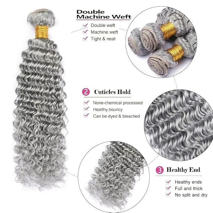 Grey Human Hair Bundles Light Grey Deep Wave Bundle Pure Grey Bundle Human Hair Unprocessed Virgin Hair 3 Bundles 26 28 30 Inch