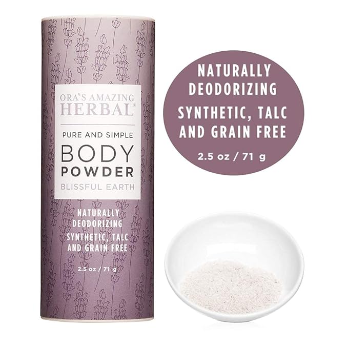 Ora's Amazing Herbal Talc Free Powder and Body Oil, Lavender Bath Set, After Shower Set, Blissful Earth Scent With Lavender Vetiver and Clary Sage, Intertrigo, Natural Skin Care