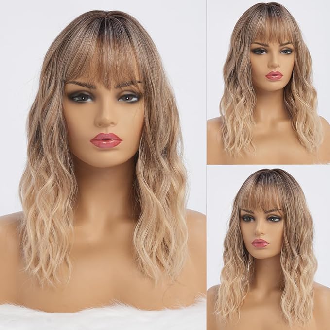 Wavy Long Ombre Blonde Wigs with Bangs for Women Medium Middle Length Blond Wig Synthetic with Water Wave Fringe Womens Heat Resistant Hair Wig for Daily Party Use (16inch)