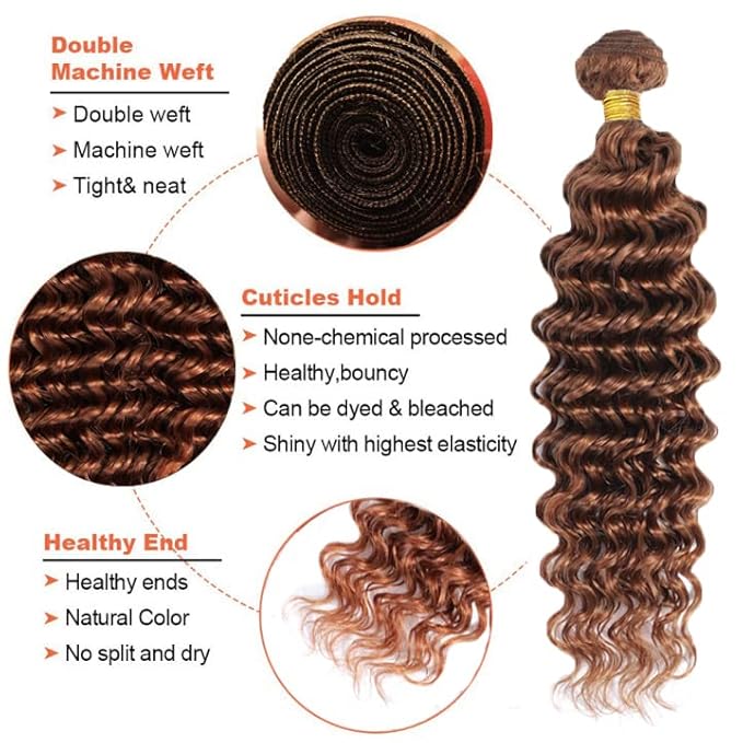 14 16 18 Inch Brown Bundles Human Hair #30 Dark Brown Deep Wave 3 Bundle Unprocessed Brazilian virgin hair Weave Extensions Double Weft 50 Grams/Bundle Colored Brown Bundles for Woman